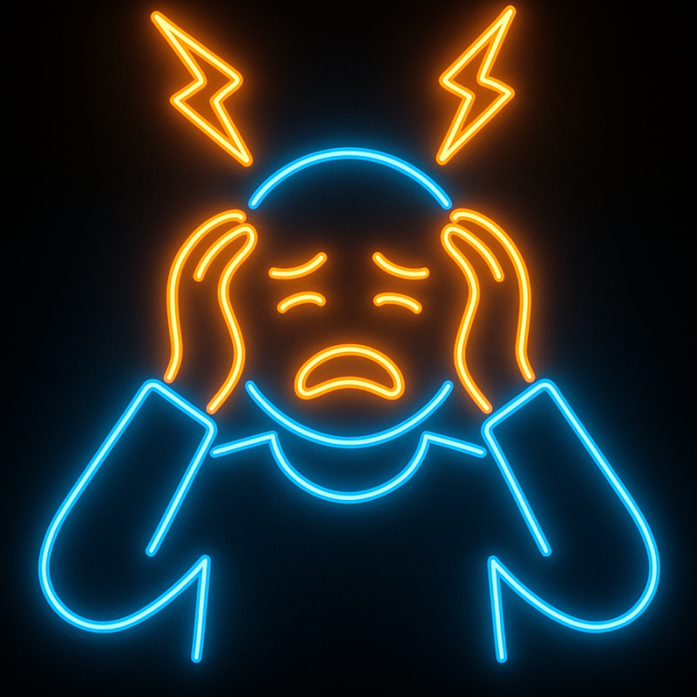 Nicht verzweifeln Person mit Kopfschmerzen, dargestellt durch eine traurige Mimik und Blitze um den Kopf.